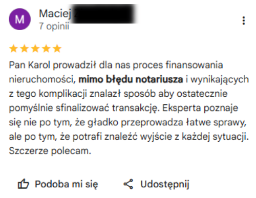 Opinia klienta w Google